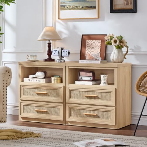 RWYHG 24'' Wide Farmhouse Night Stand with 2 Drawers,Rattan Nightstand | Modern Boho End Table Open Storage Shelf, Metal Handle, Mid-Century Wood Bed Side Table for Bedroom, Living Room - color: Natural（rattan ）