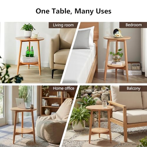 Side Table, Small Round End Table with 2-Tier Shelf, Solid Wood Nightstand for Living Room Bedroom, Mid Century Modern Accent Table for Small Spaces, Natural 19.49" D x 24.02" H