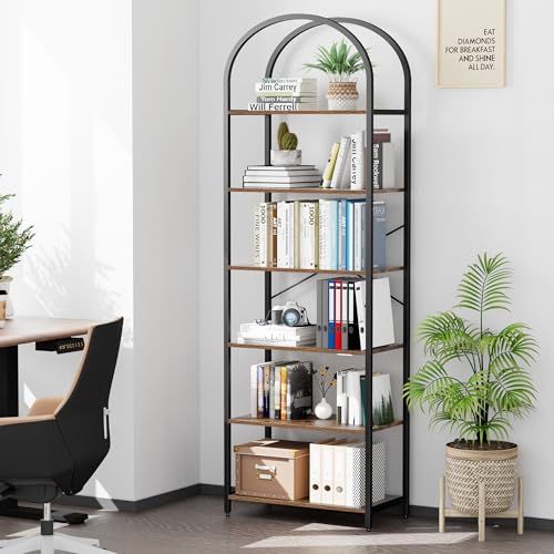 Homhedy 6-Tier Arched Bookshelf, Display Racks, Tall Book Shelf, 73.6" H | Wood and Metal Bookcase, Industrial Display Standing Shelf Unit, for Home, Office, Living Room, Bedroom, Rustic Brown - size: 6 Tier -23.6"W