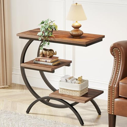 Tribesigns C-Shaped End Table Set of 2, Industrial 3-Tier Small Side Table for Couch, Wood Bedside Table Snack Side Table with Storage Shelves for Living Room Small Space, Rustic Brown - color: Rustic Brown