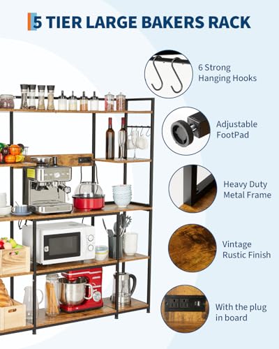 Garvee Kitchen Bakers Rack with Power Outlet 55 * 66inch, Microwave Oven Stand with Storage 4 Tiers, Coffee Bar Table with 6 S Hooks, Kitchen Storage Shelf Rack for Spices, Pots, Rustic Brown - size: 55*66