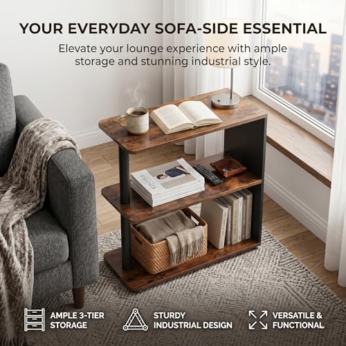 3-Tier Narrow End Table, Industrial Slim Side Table for Small Spaces, Sofa Couch Table Accent Nightstand with Storage Shelves for Living Room, Bedroom, Rustic Brown - color: Rustic Brown