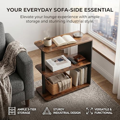 3-Tier Narrow End Table, Industrial Slim Side Table for Small Spaces, Sofa Couch Table Accent Nightstand with Storage Shelves for Living Room, Bedroom, Rustic Brown - color: Rustic Brown