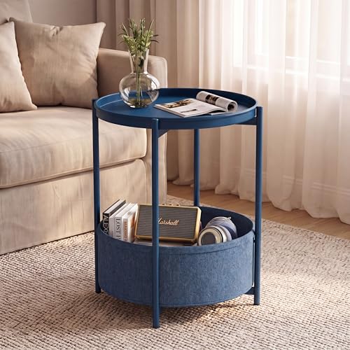 Garden 4 you Side Table with Fabric Storage Basket, Round Metal End Table, Small Bedside Table Nightstand with Removable Tray, for Nursery, Living Room, Bedroom, Bathroom, Blue - color: Blue