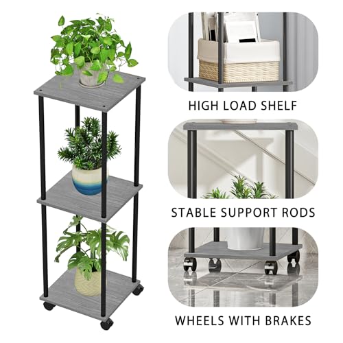HAYOFAMY 3 Tier Oak Grey Plant Stand Indoor with Wheels 37.2” Tall | Movable Plant Shelf, Metal Wood Multiple, Flower Pot Holder for Living Room Office Balcony Patio