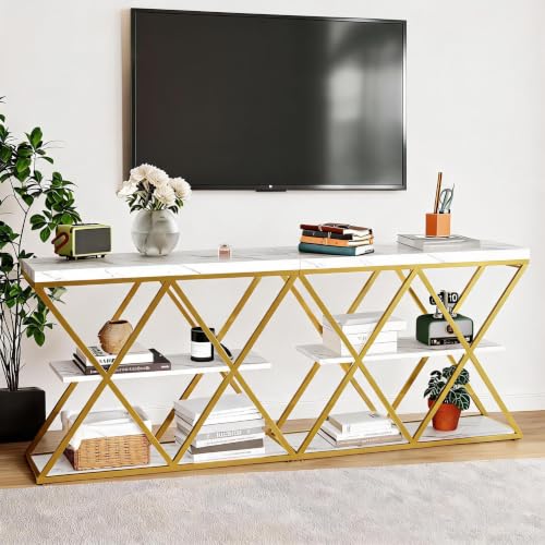 Garvee 3 Tier Console Table,39" Industrial Entryway Table,Open Wood Shelves | Sofa Table,Narrow Wood Accent Tables with Metal Frame for Hallway,Living Room,Behind Couch,Foyer,Entrance,White - color: White + X-shaped