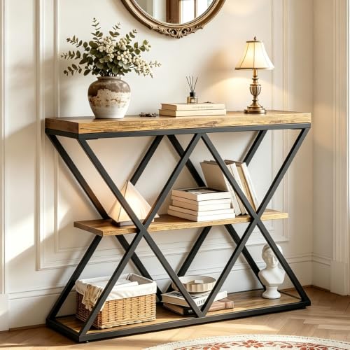 Garvee 3 Tier Console Table,39" Industrial Entryway Table,Open Wood Shelves | Sofa Table,Narrow Wood Accent Tables with Metal Frame for Hallway,Living Room,Behind Couch,Foyer,Entrance,Rustic Brown - color: Rustic Brown + X-shaped
