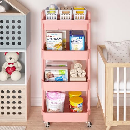 Calmootey 4-Tier Rolling Utility Cart with Drawer,Multifunctional Storage Organizer with Plastic Shelf & Metal Wheel,Storage Cart for Kitchen,Bathroom,Living Room,Office,Pink | Space-Saving Organizer, Sturdy Plastic Shelves, Smooth-Rolling Metal Wheels, B
