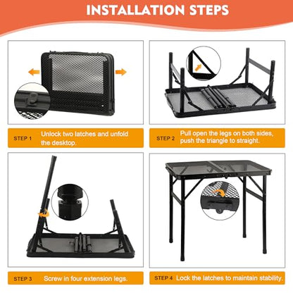 GREGIN Camping Table with Mesh Desktop, Lightweight & Portable Small Folding Grill Table, Height Adjustable Metal Outdoor Table for Camp, Cooking, BBQ, RV, Picnic-2 FT Black - size: S: 23.62"L x 15.75"W x 10.6"H/22"H