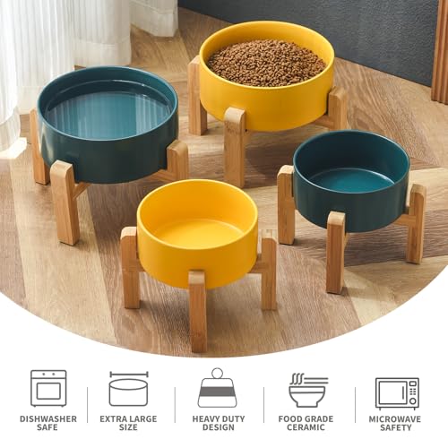 8'' Ceramic Raised Dog Bowl - 70Oz Dog Food & Water Bowl with Elevated Non-Slip Bamboo Stand, Dishwasher & Microwave Safe, Anti Vomiting Heavy Duty Pet Bowl for Medium and Large Dogs, Yellow - color: 1 x Bowl + Stand - Yellow, size: 8 inch