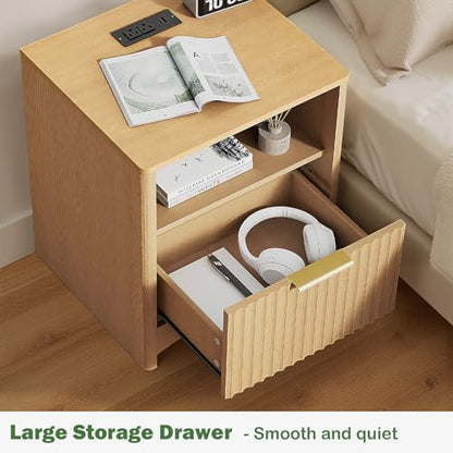 Marsail Fluted Nightstand Set of 2, Wooden Nightstands with Drawers, Modern Bedside Table with Charging Station and Storage, End Table with Storage Side Table for Bedroom, Oak - color: Oak