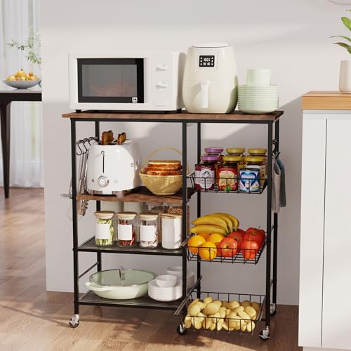 HapiRm Rolling Kitchen Microwave Cart - 4 Tier Microwave Table Stand with Pull-Out Baskets, Coffee Bar Baker's Rack with Wheels Rolling Storage Cart Organizer Shelf for Living Room Office, Balcony - color: Brown-xl