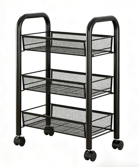 3-Tier Rolling Storage Cart, Metal Mesh Basket Shelves on Wheels, Black, for Kitchen, Nursery and Snack Organization