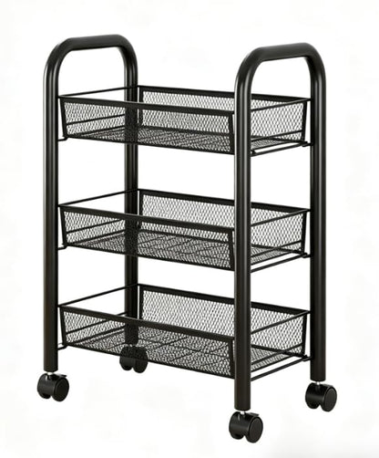 3-Tier Rolling Storage Cart, Metal Mesh Basket Shelves on Wheels, Black, for Kitchen, Nursery and Snack Organization