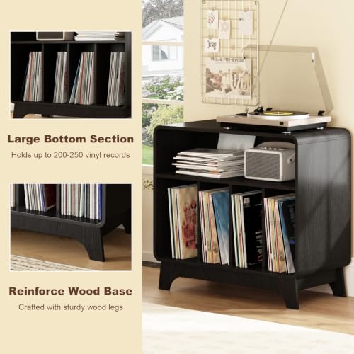 RowyPoey Large Record Player Stand, 31.5" Curved Turntable Stand, Black | Vinyl Record Storage, Mid Century Modern, Wood Record Holder Cabinet, Stereo Media Shelf for Living Room, Bedroom, Office
