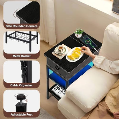 Narrow Nightstand with LED Light, Black End Tables with Charging Station, LED Side Table Living Room with Drawer Storage, Small Bedside Table with Ports and Outlets for Gaming Room - color: Classic Black With Light, style: Modern