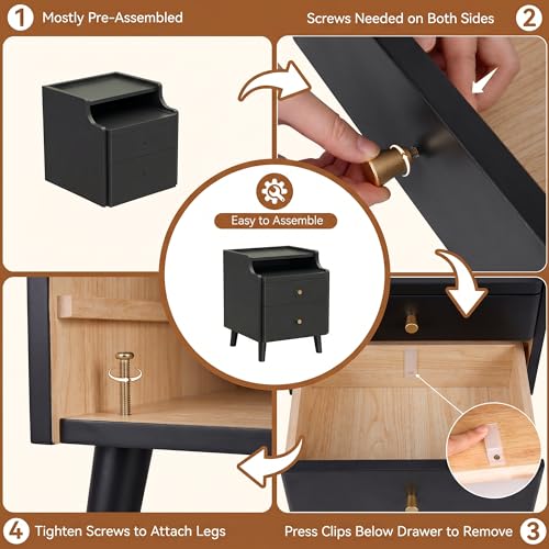 Nightstand Set of 2, Pre-Assembled, 19.7“H Solid Wood Night Stand with 2 Drawers, Open Sliding Shelf, Mid Century Modern Small Bedside Table for Bedroom, Black 16" - color: Black-2pack, size: 16"