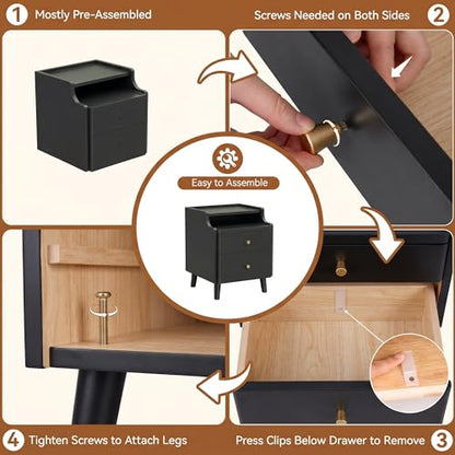 Nightstand Set of 2, Pre-Assembled, 19.7“H Solid Wood Night Stand with 2 Drawers, Open Sliding Shelf, Mid Century Modern Small Bedside Table for Bedroom, Black 16" - color: Black-2pack, size: 16"