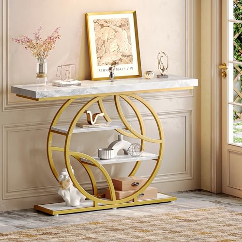 Huuger 47.2 Inch Entryway Table with Marble Top, Modern Console Sofa Table, Accent Table with Shelves, for Entry, Hallway, Entrance, Foyer, O-Shaped Metal Frame, White Marble & Gold - color: Marble Gold, size: 11.8"D x 47.2"W x 33.5"H