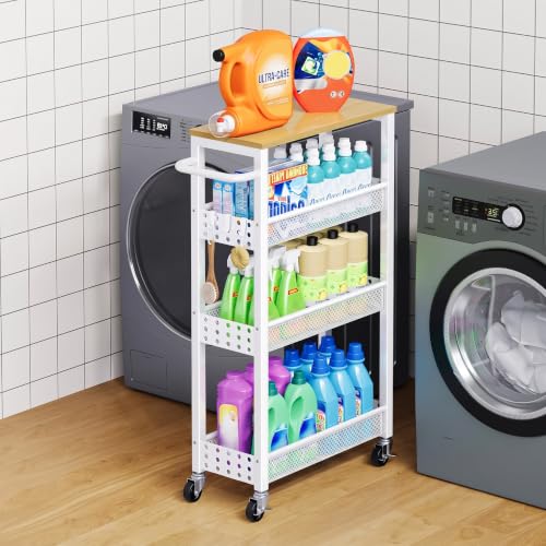 4 Tier White Slim Rolling Storage Cart with Wood Top & Metal Handle, Narrow Shelf Unit for Small Spaces, Skinny Bathroom Cart, Spice Rack on Wheels Next to Fridge, Thin Laundry Room Cabinet Inbetween - color: Light White, size: 4-Tier