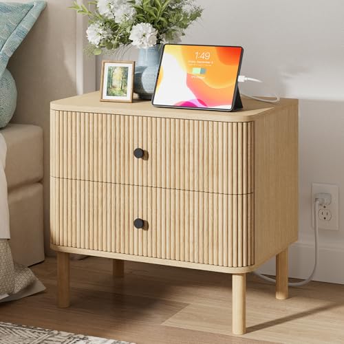 23" Fluted Nightstand with Soft Rounded Drawer Fronts & Solid Wood Cylindrical Legs, 2 Drawer Night Stand with Charging Station,End Table w/Metal Knobs,Bedside Table for Bedroom,Natural Oak - color: Natural Oak - Rounded Drawer, size: 23"W