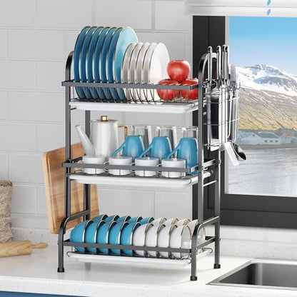 Vergissm Large 3-Tier Dish Drying Rack with Drain Tray - Rustproof Carbon Steel Kitchen Organizer for Countertop with Utensil & Cutlery Holder, Spacious Drainboard - Multifunctional Dish Drainer
