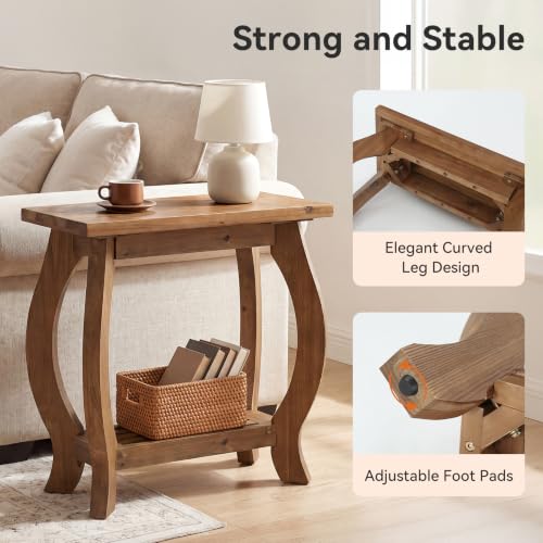 Narrow Side Table, 2-Tier Solid Wood End Table with Storage Shelf, Curved Legs Farmhouse Nightstand for Small Spaces, Bedroom, Living Room,(2,Brown)
