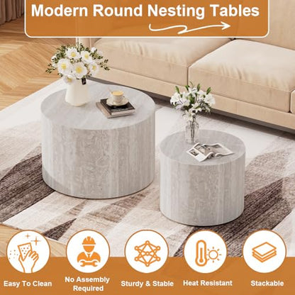 Round Nesting Coffee Table Set of 2 Modern Small Round Travertine Coffee Tables Travertine End Side Table Circle Nested Coffee Tables for Living Room (Travertine B) - color: Walnut Regular