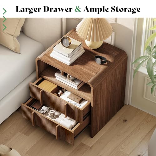 AMERLIFE Fluted Night Stand with Storage Drawers, Modern Small Nightstand & Bedside Table with Open Shelf, Curved Profile Design & Pine Handles, Wood End Table for Bedroom, Walnut - color: Walnut