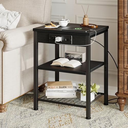 DUMOS 15.7" Small Side Table with Charging Station, End Table with Outlets & USB Ports, 3-Tier Adjustable Storage Nightstand for Living Room, Bedroom, Small Spaces, Record Player Stand, Black - color: Black, size: 11"D x 15"W x 21.7"H(without Drawer, 1 Pa