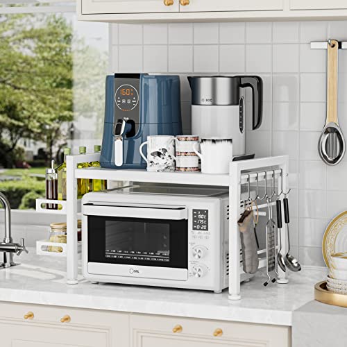 YIUKEA Over the Microwave Shelf - Adjustable Countertop Stand 2 Tier Rack (L15.723.6" xW12.8 xH17.7) with Spice Organizer and 6 Hooks for Kitchen White - color: White with Spice Rack