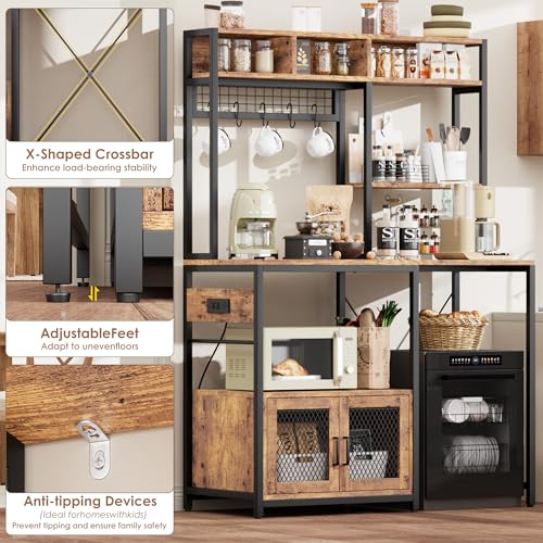 Garvee Microwave Stand with Fridge Stand Space, Industrial Kitchen Shelf with Power Outlet, Freestanding Kitchen Storage for Pantry Living Room, 47.2 x 19.7 x 68.1 Inches, Rustic Brown