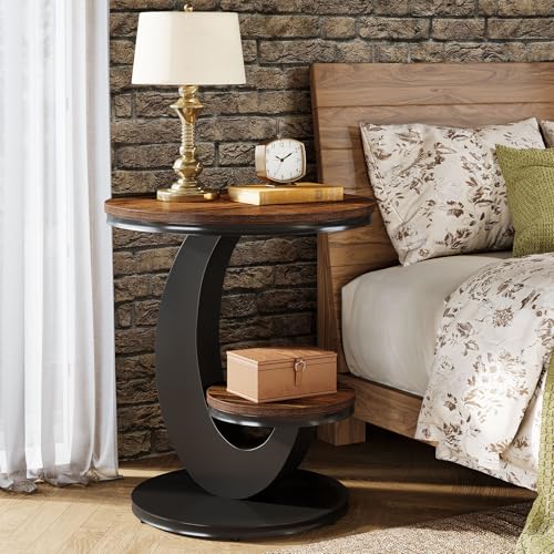 Tribesigns Round End Table Set of 2, 2 Tiers Side Table with Storage Shelf, Sofa Side Bedside Nightstand with Rustic Wood and Metal Arc-Shaped Frame for Small Spaces, Living Room, Bedroom (2PCS) - color: Brown