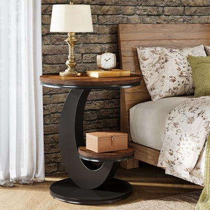 Tribesigns Round End Table Set of 2, 2 Tiers Side Table with Storage Shelf, Sofa Side Bedside Nightstand with Rustic Wood and Metal Arc-Shaped Frame for Small Spaces, Living Room, Bedroom (2PCS) - color: Brown