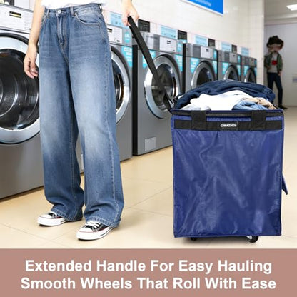 Reusable Grocery Bag Tote Bag with Wheels, Foldable Rolling Tote Bag with 3 Handles and Zipper - color: Blue, size: Medium