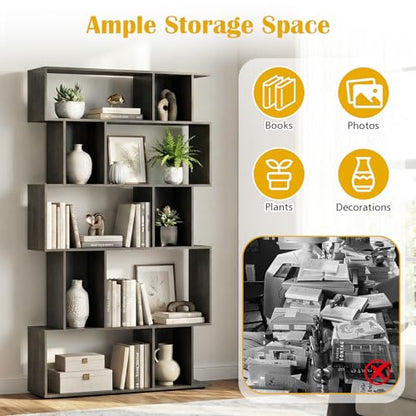 GOFLAME 5-Tier Geometric Bookshelf, 62” Tall Bookcase with 10 Open Back & Closed Back Cubes, Modern Display Book Shelf, S-Shaped Storage Organizer for Living Room, Home Office (1,Gray Oak) - color: Gray Oak
