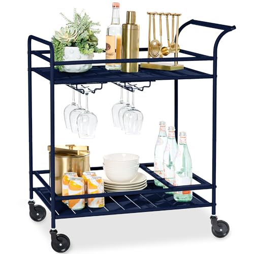 Best Choice Products Rolling Bar Cart, Mobile Home Bar Serving Cart, Serving Station w/ 2 Tier Shelves, Wine Rack, Lockable Wheels - Navy - color: Navy