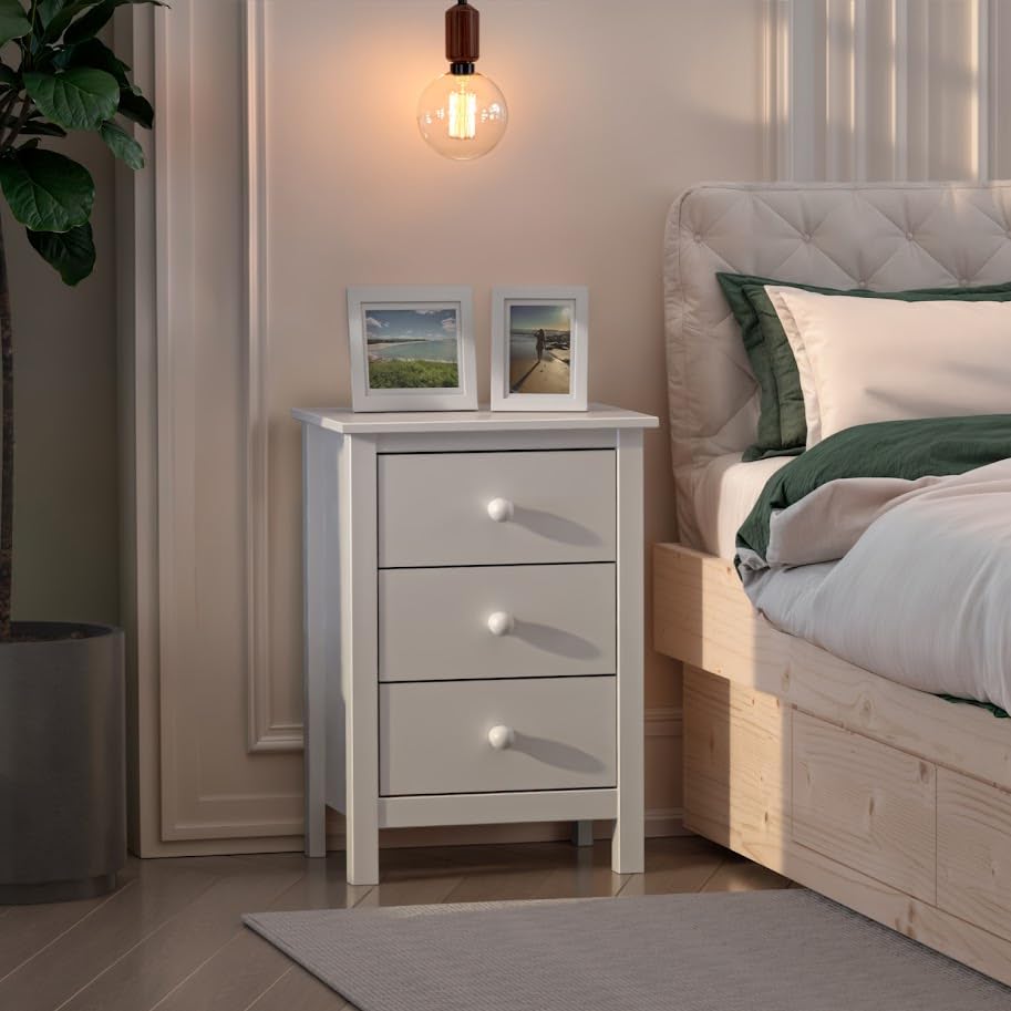 From the Tree Furniture Solid Wood Extra Tall Nightstand for Bedroom with 3 Deep Storage Drawers (White) (BS301) - color: White