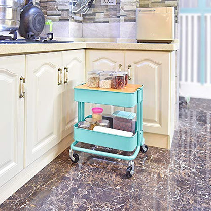 Melody House 2-Tier Metal Utility Rolling Cart, Storage Side End Table with Cover Board - color: A- Turquoise-1