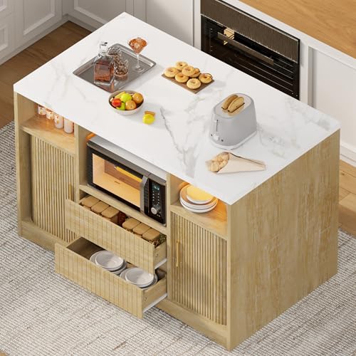 Kitchen Island with Storage, Island Table for Kitchen with Power | Outlet & LED Light, Bar Cart on Wheel Rolling Buffet Cabinet with Fluted Sliding Door, 2 Drawers, Large Countertop, Natural - color: Natural