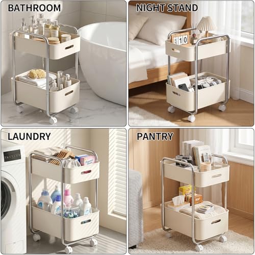 PureBox 2-Tier Metal Rolling Utility Cart with Slide-Out Drawer,Sturdy Solid Board Utility Cart for Under Desk,with Lockable Wheels Mobile Storage Organizer for Office,Living Room,Kitchen,Cream White