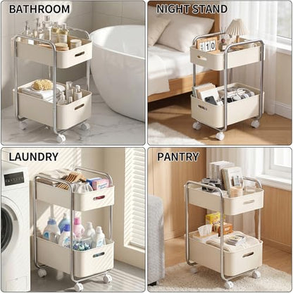 PureBox 2-Tier Metal Rolling Utility Cart with Slide-Out Drawer,Sturdy Solid Board Utility Cart for Under Desk,with Lockable Wheels Mobile Storage Organizer for Office,Living Room,Kitchen,Cream White