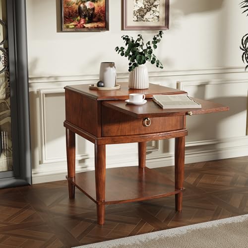 Farmhouse End Side Table with Pull-Out Tray And Storage Drawer, Sofa Beside Tables with Wood Leg, Nightstand, No-Tools Assembly 17.7”L x 19.7”W x 22.8”H for Living Room, Caramel Brown CJZ-A1569-MG - style: 1*End Table with 1 Drawer