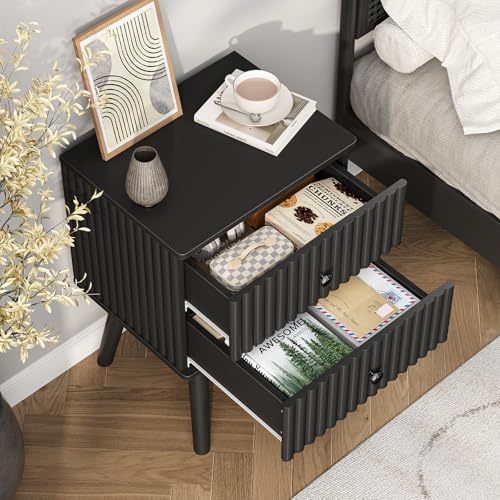 Wooden Nightstand with 2 Drawers, Fluted Night Stand Set of 2, Morden Side Table for Bedroom, Living Room and Small Space, Black
