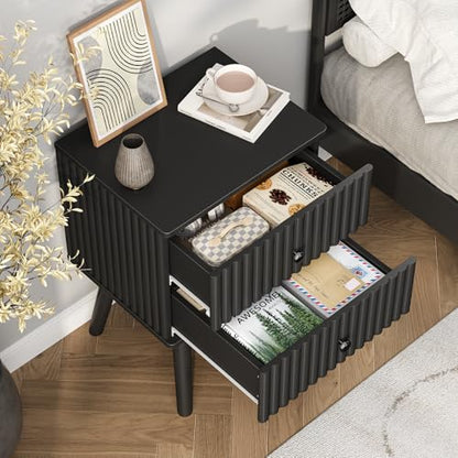 Wooden Nightstand with 2 Drawers, Fluted Night Stand Set of 2, Morden Side Table for Bedroom, Living Room and Small Space, Black