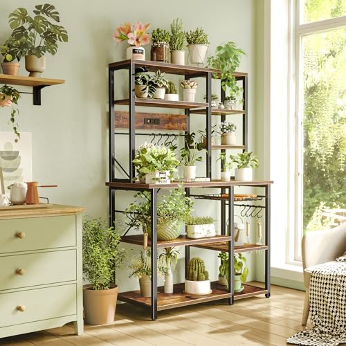 SUPERJARE Large Bakers Rack with Power Outlets, 6-Tier Microwave Stand, Coffee Bar with 12 S-Shaped Hooks, Kitchen Shelf with Wire Basket, 39.4 x 14.6 x 66.9 Inches, Rustic Brown - color: Rustic Brown, size: 39.4inch