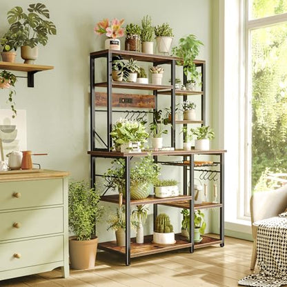 SUPERJARE Large Bakers Rack with Power Outlets, 6-Tier Microwave Stand, Coffee Bar with 12 S-Shaped Hooks, Kitchen Shelf with Wire Basket, 39.4 x 14.6 x 66.9 Inches, Rustic Brown - color: Rustic Brown, size: 39.4inch