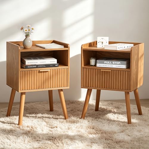 AWASEN Fluted Night Stand Set 2, Mid Century Modern Bedside Table Set of 2 with Storage Drawers, Wood Night Stand Side Table with Solid Wood for Living Room, Bedroom, Office and Small Space (Brown) - color: Brown Set of 2
