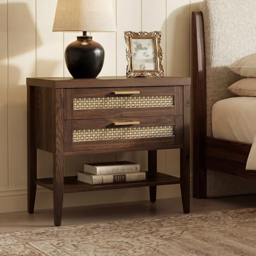 SICOTAS Large Night Stand, Mid Century Modern Nightstand with 2 Drawers | Rustic Wooden Bedside Table for Bedroom, Bed Side End Table with 2 Drawers and Storage Shelf, Espresso Walnut, 1 Piece - color: Espresso Walnut, size: 1 Piece