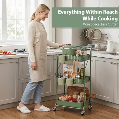 Amatic 3-Tier Folding Rolling Utility Cart with Wheels, Metal Foldable Storage Cart Organizer with 3 Hanging Cups & 6 Hooks for Kitchen, Office, Living Room, Nursery(Green) - color: Green